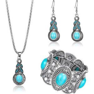 3 Pcs Bohemian Western Turquoise Necklace Earrings and Bracelet set